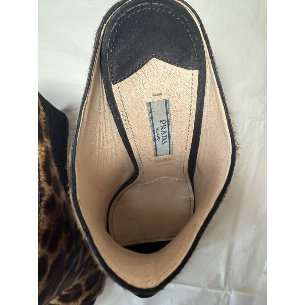 PRADA St Leopardo Miele Moro Leopard Calf Hair Wedge Slides - Picture 11 of 16